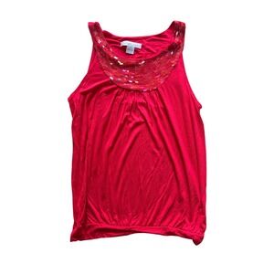 Y2K August Silk Red Sequin Bib Neck Sleeveless Knit Tank Top Blouse Small